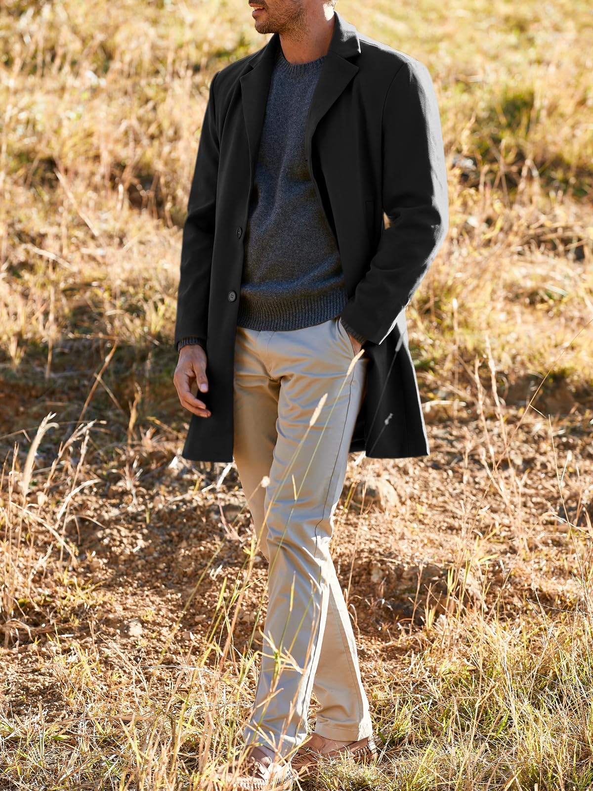 PASLTER Mens Trench Coat Slim Fit Notched Collar Fall Winter Single Breasted Pea Coat Warm Soft Overcoat