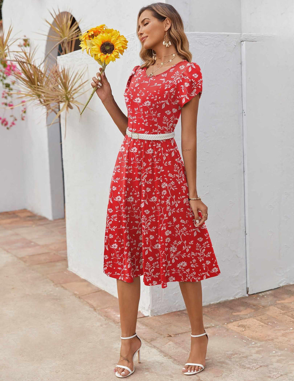 Zeagoo Floral Summer Dress for Women Cotton Shirt Dresses Midi Length Flowy Boho Beach Sundress Vocation Sun Dress, Red Floral,XXL