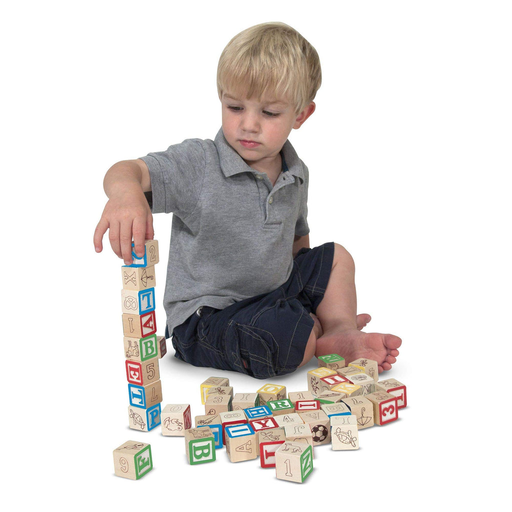 Melissa & Doug Deluxe Wooden ABC/123, 50-Piece Set of Classic Letter & Number Wooden Blocks (1” x 1”) with Storage Pouch, Sorting & Stacking Toys for Kids Ages 2+