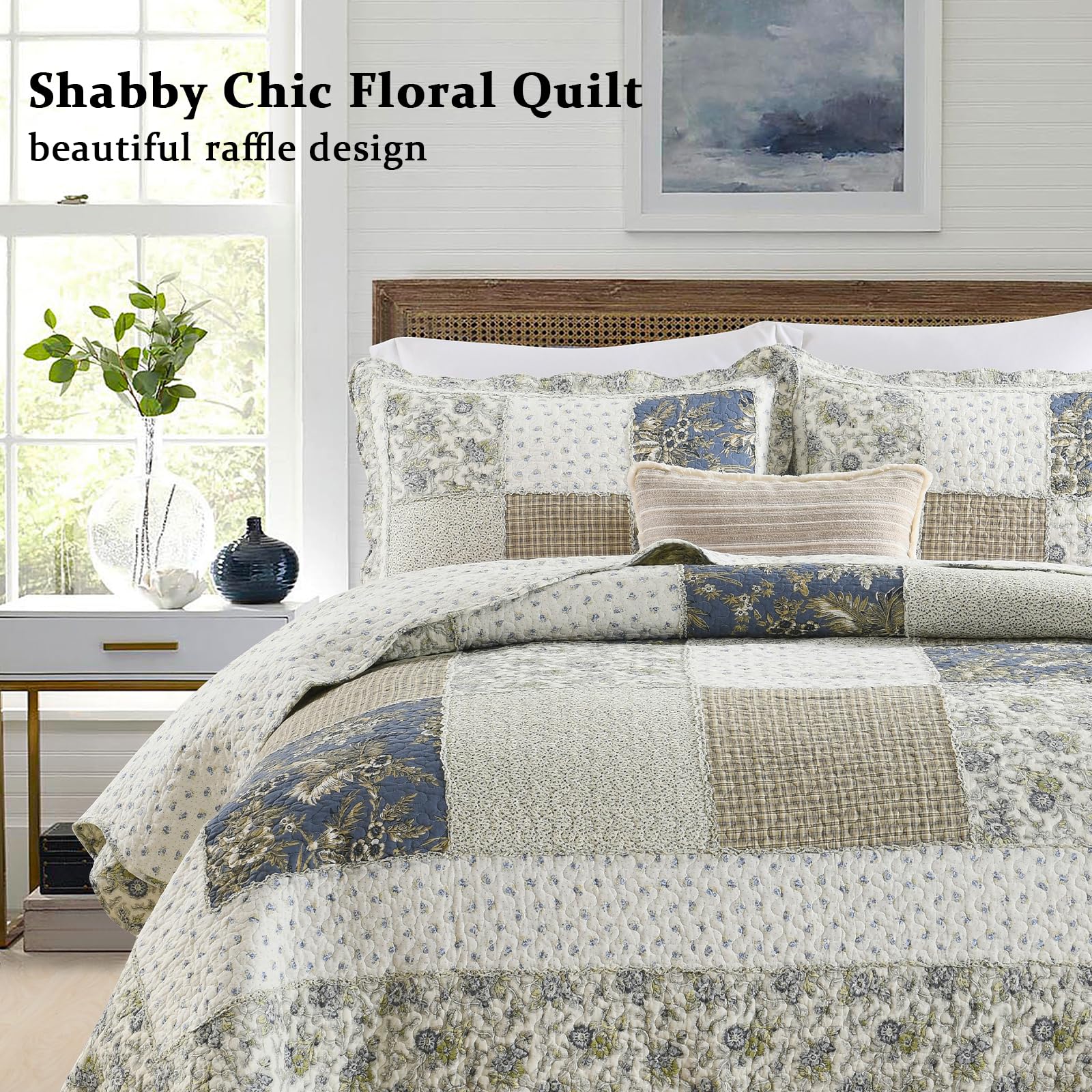 Yvooxny Quilt Set King Size Reversible Country Farmhouse Floral Real Patchwork Quilted Bedspread 3-Piece Quilt Set with Pillowcases with Ruffles for All Seasons, 96 x 108 Inches