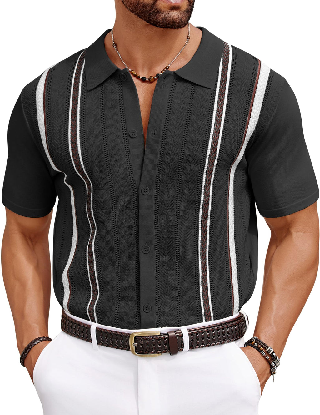 COOFANDY Mens Beach Shirts Cuban Crochet Shirt Short Sleeve Button Down Shirts Trendy Old Money Clothes Bowling Shirts Black XL