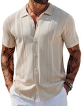 COOFANDY Men's Short Sleeve Knit Shirt Casual Button Down Shirt Vintage Knitted Polo Golf Beach Tops Light Khaki