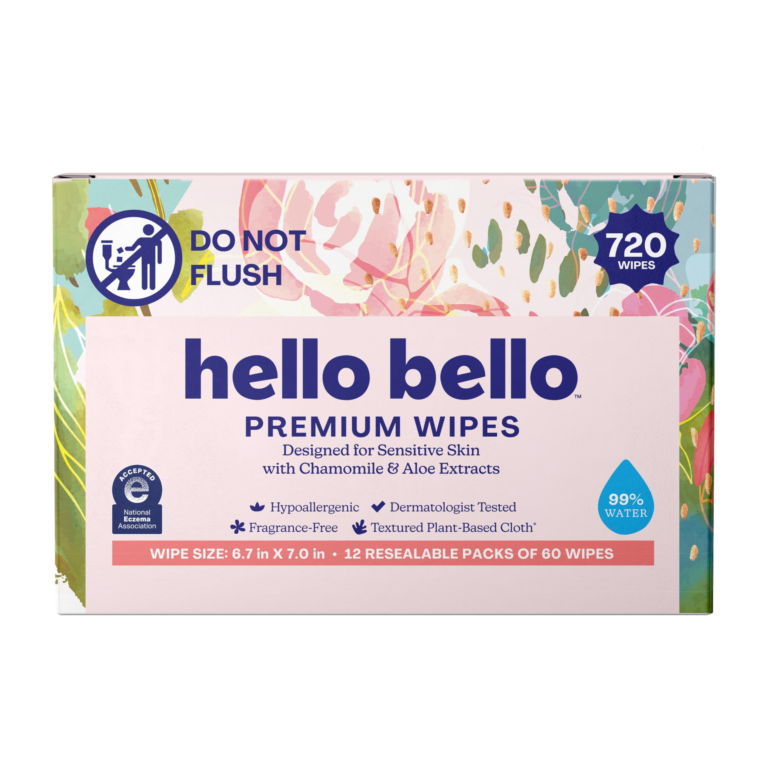 Hello Bello Premium Wipes, Designed for Sensitive Skin with Chamomile & Aloe Extracts, Rosy Posy (12 Resealable Packets = 720 Total Wipes)