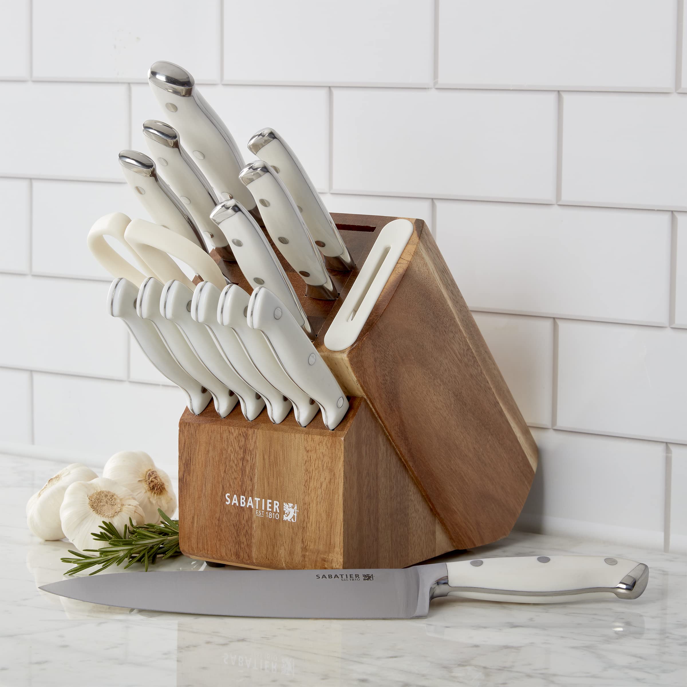 Sabatier Acacia Forged Triple Rivet Edgekeeper Knife Block Set, 15-Piece, White