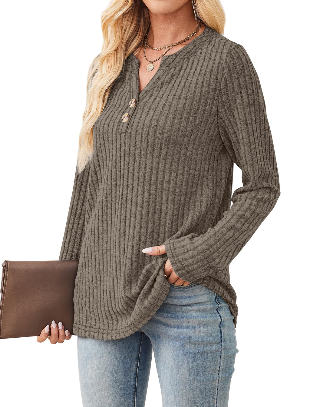 Sampeel Sweaters for Women Fall Clothes Fashion 2025 Business Casual Outfits Long Sleeve Tops Dressy Casual Blouses Brown XL