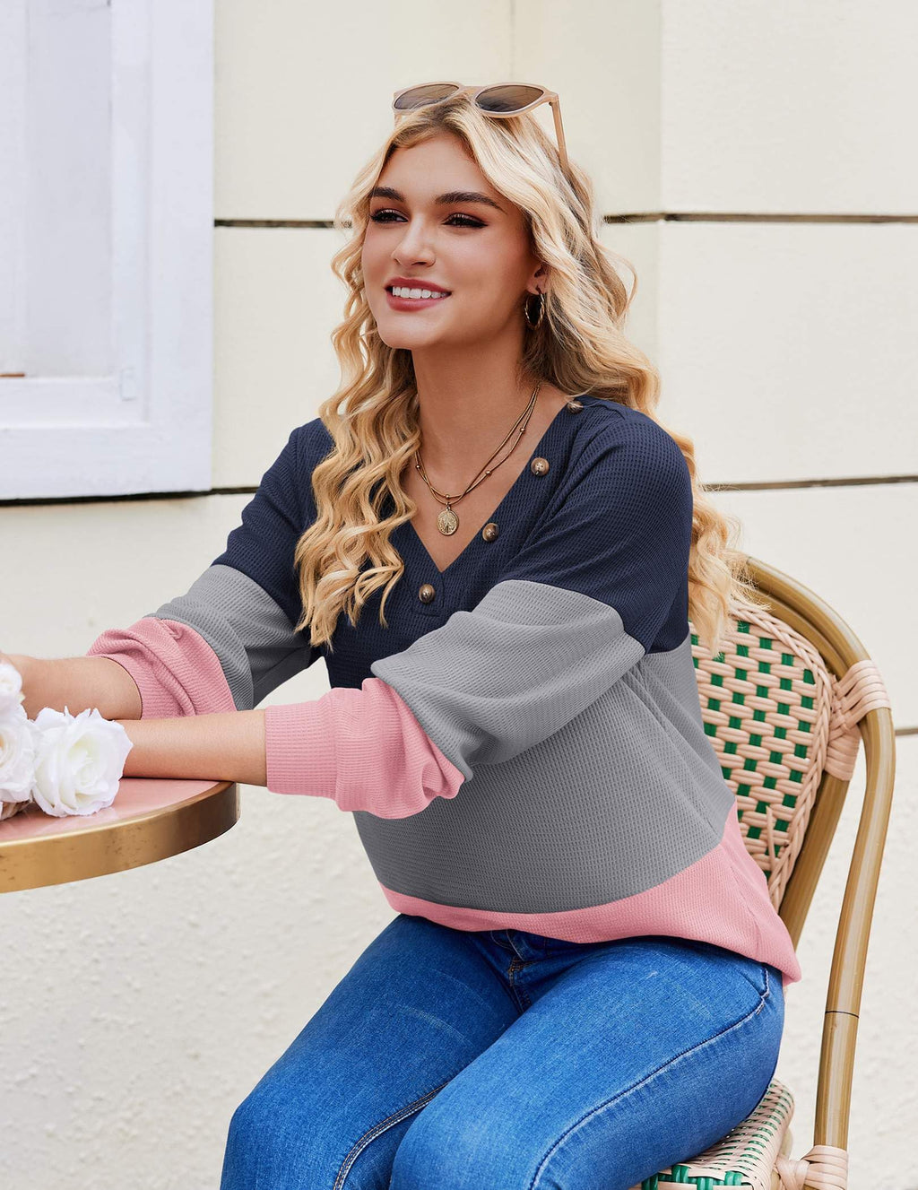 Zeagoo Womens Waffle Knit Shirts Fall 2026 Fashion Long Sleeve Color Block Tunics Button Casual V Neck Knitted Tops Decor Trendy Pullover Blouse