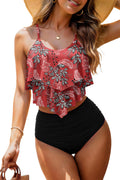 Womens High Waisted Bathing Suits Flounce Halter Tankini Top Bikini Bottoms Tummy Control Modest Swimwear Two Piece Swimsuits Bikini Sets Red Floral L