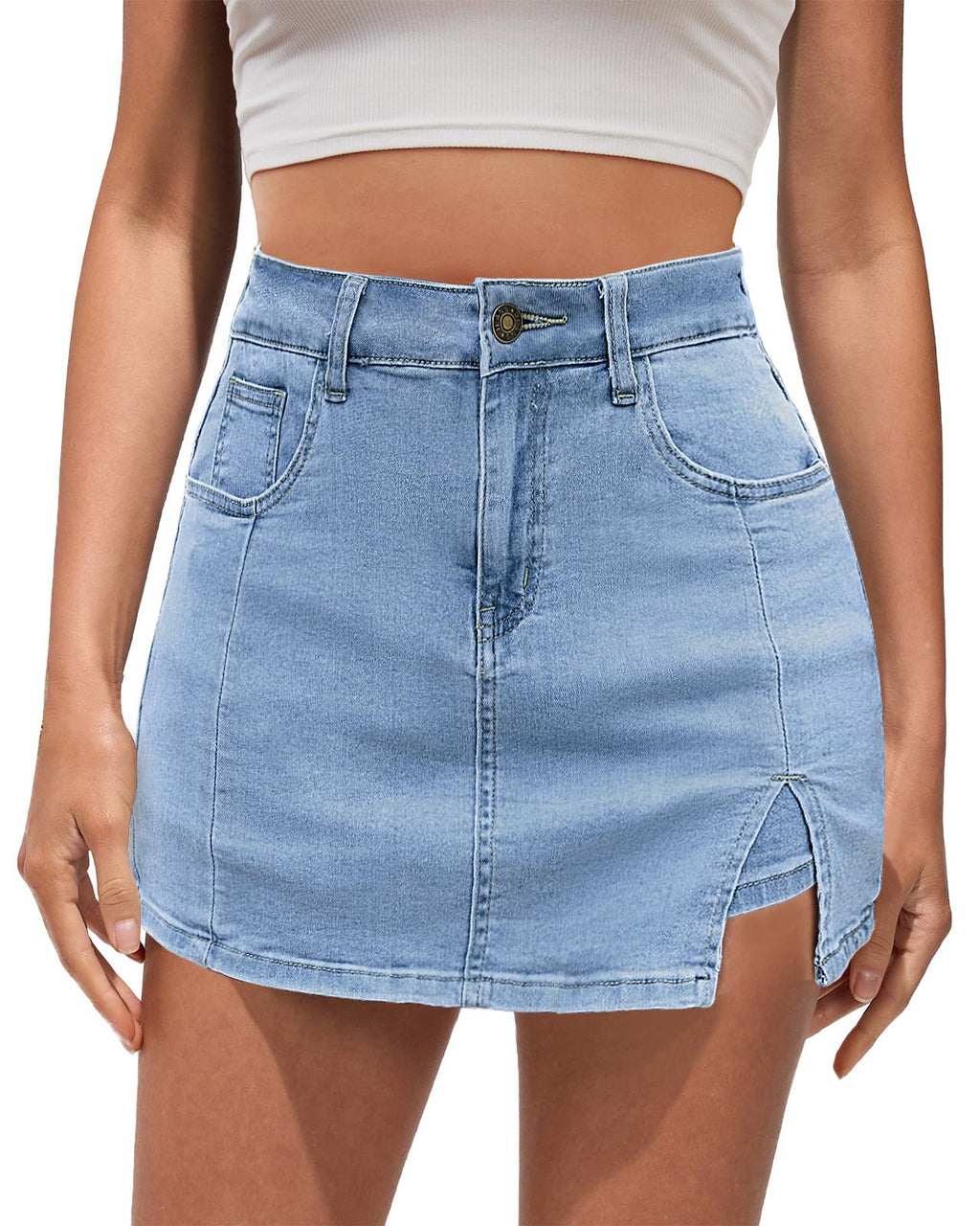 Vetinee High Waisted Jean Skorts for Women - Casual Mini Denim Skirt Blue Fog Medium Size 8/10