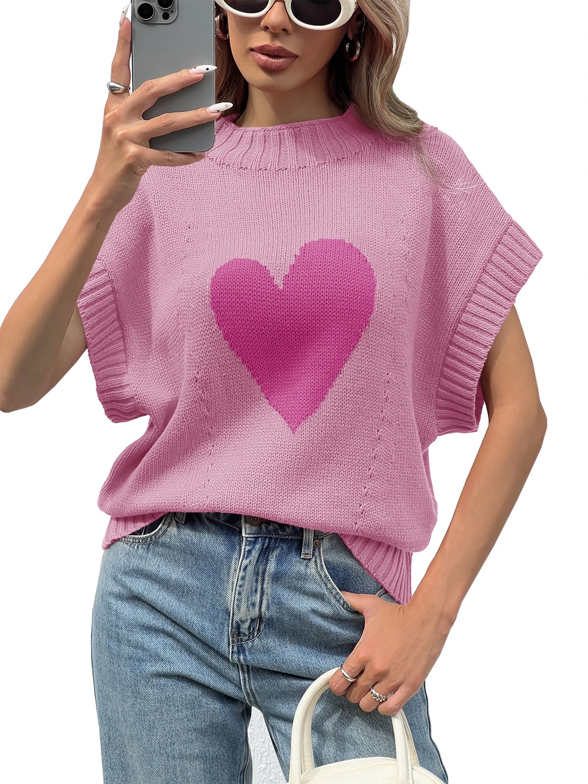 Saodimallsu Womens Cap Sleeve Cropped Sweater Mock Neck Cute Heart Loose Valentine Knit Tank Tops Pink