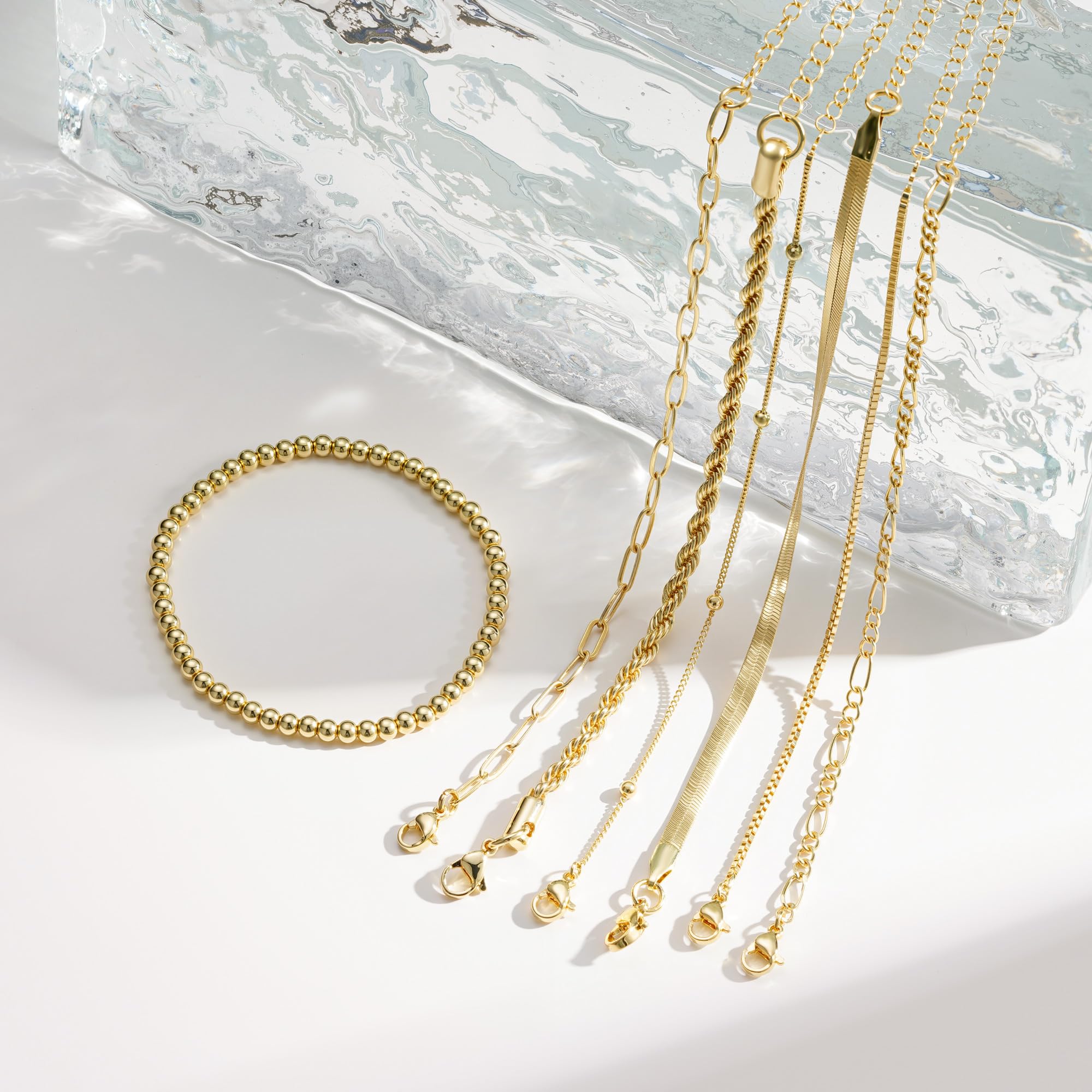M MOOHAM Gold Bracelets for Women - Dainty 14K Gold Plated Layered Beaded Bracelet Stack Paperclip Snake Rope Figaro Box Satellite Chain Bracelets for Women Non Tarnish Jewelry Mothers Day Gifts