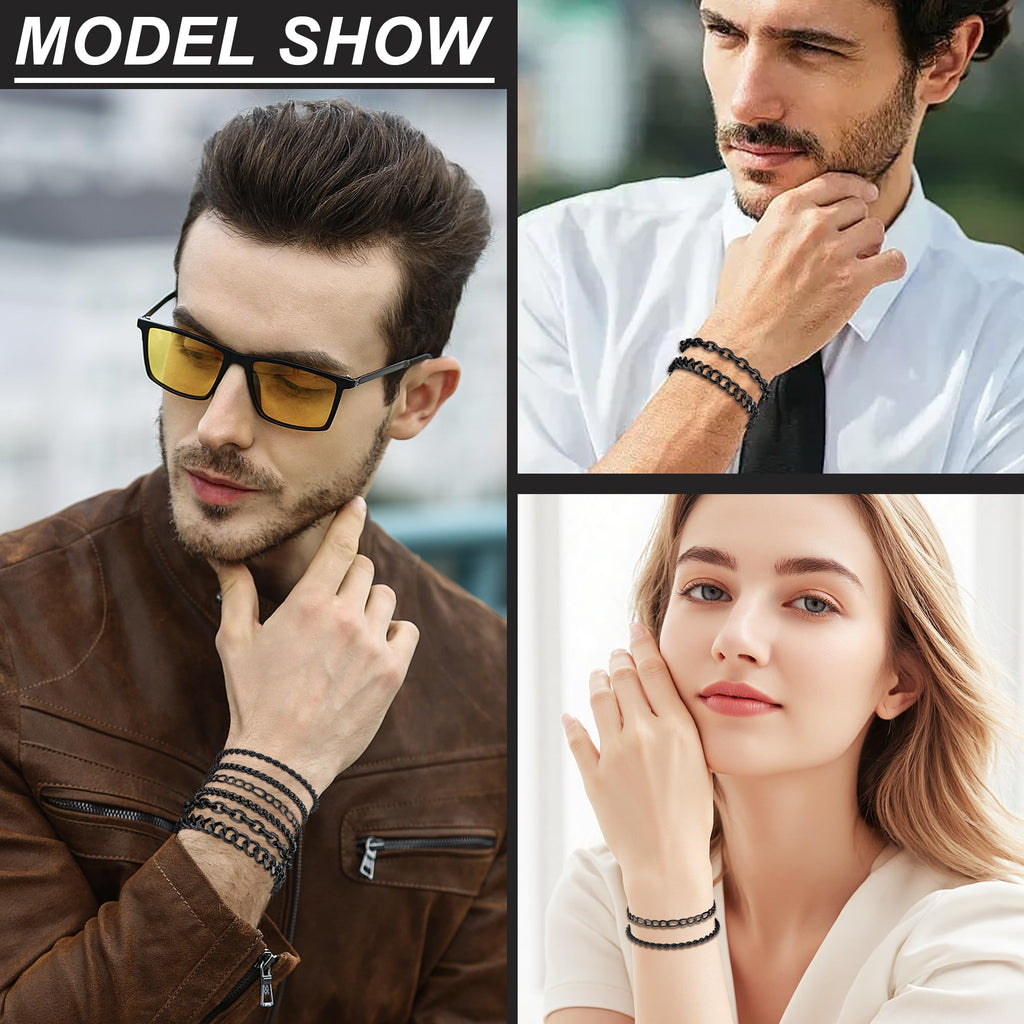 Aospkle 6PCS Stainless Steel Bracelets for Men Women, Black Cuban Link Rope Box Wheat Chain Paperclip Figaro Jewelry Set, 8 Inches