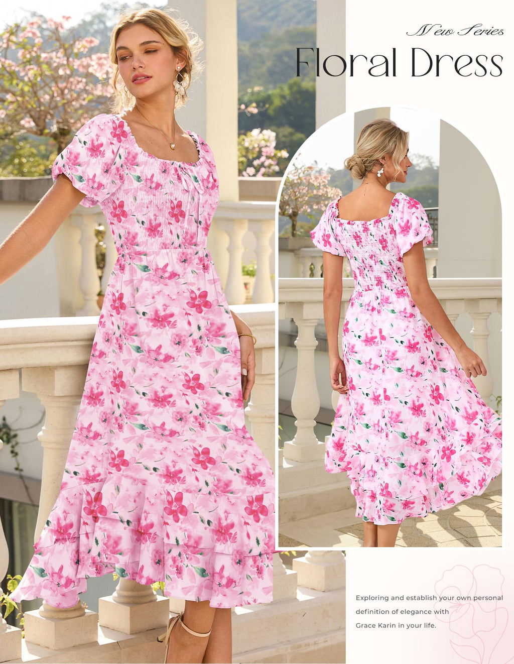 GRACE KARIN Womens Summer Floral Maxi Dress 2026 Flowy Wedding Guest Dress A Line Boho Dresses Fashion Clothing with Pockets Pink Floral M