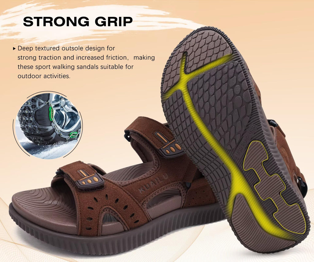 KuaiLu Mens Leather Hiking Sandals With Arch Support Orthopedic Sport Recovery Athletic Walking Sandals For Man Outdoor Summer Casual Thick Cushion Beach Water Fisherman Sandal, size 9 Dark Brown