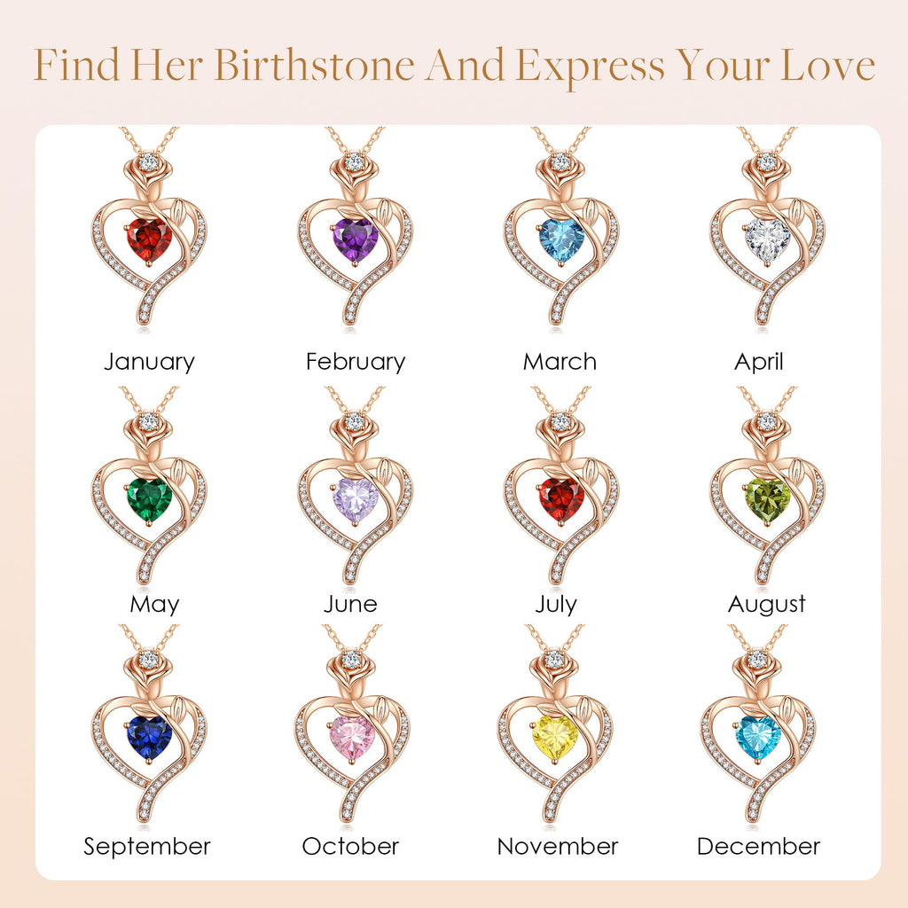 LOUISA SECRET Mothers Day Gifts for Mom Rose Flower Heart Birthstone Necklaces for Women, 925 Sterling Silver Jewelry, Pendant Heart Necklaces Birthday Anniversary Christmas Gift for Women Wife Mom Girlfriend Lady