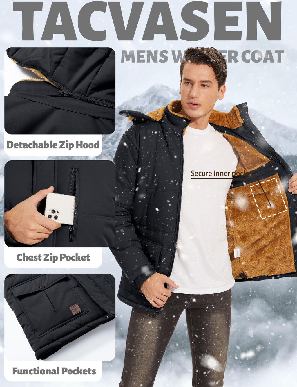 TACVASEN Winter Jackets for Men Coat with Hood Water Repellent Windbreaker Warm Fleece Hiking Jacket Black