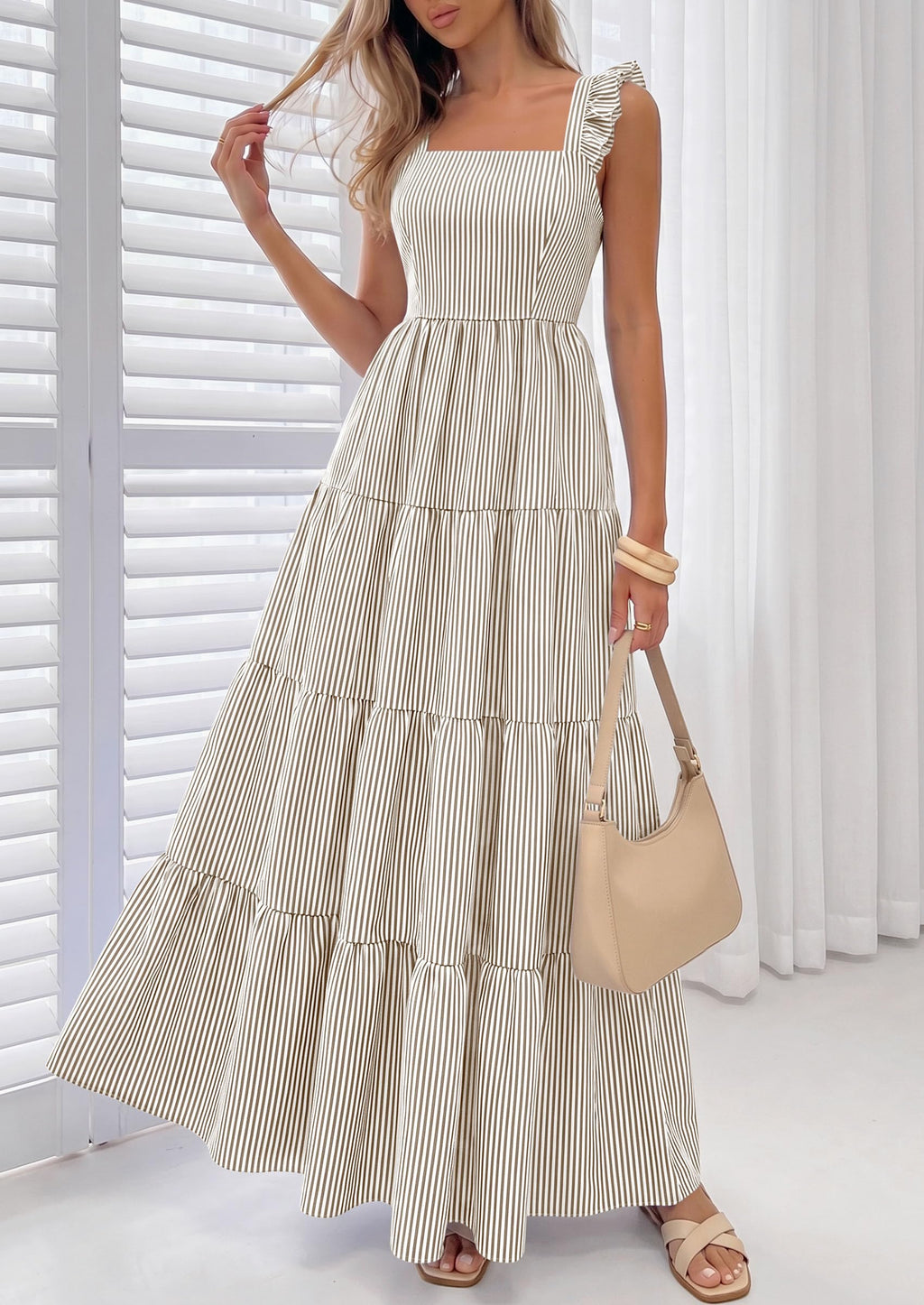 PRETTYGARDEN Womens 2026 Summer Casual Maxi Dresses Striped Square Neck Sleeveless Boho Flowy Sundress Beach Vacation Clothes (Brown,Medium)