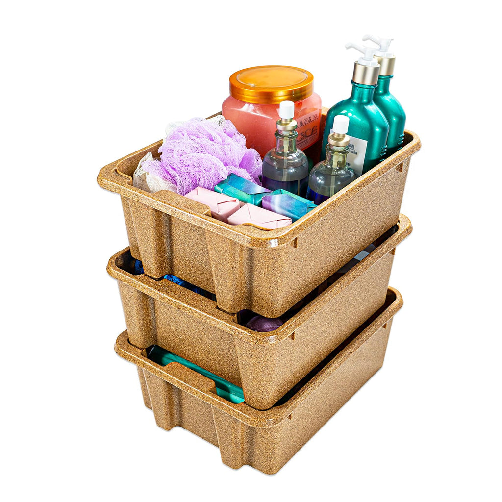 Best Kept Cupboard Organizers And Storage | Plastic Tray Wood-Like Texture| Bathroom Essentials | Skincare Organizer | Facial Care Product Storage Bin | Light Brown 3-Piece Organizer Set