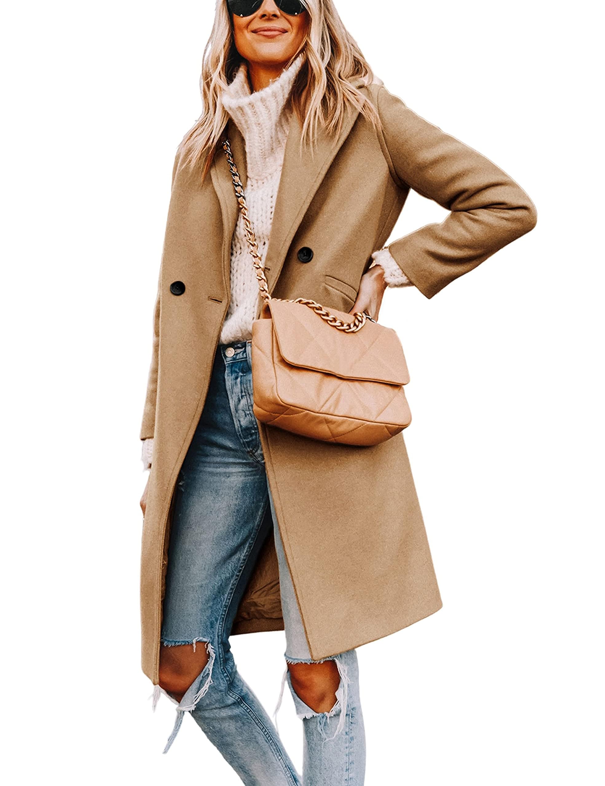 Hooever Women's Winter Wool Coat Casual Notch Lapel Single-Breasted Peacoat(khaki-M01)