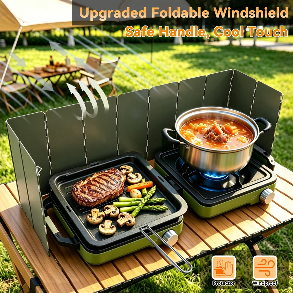 2 Burner Camping Stove with Windshield, 24000 BTU Propane Camp Stove, Portable Folding Camp Stove with Frying Pan, Coffee Stand & Carry Bag, Camping Essentials for Picnic, RV, Camp kitchen, Green