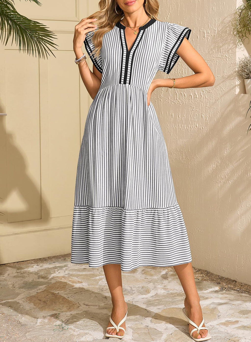 Dokotoo Summer Dresses for Women 2026 V-Neck Ruffle Cap Sleeve Empire Waist Dress Striped Flowy Midi Maxi Beach Dresses Black Dress with Pockets Medium