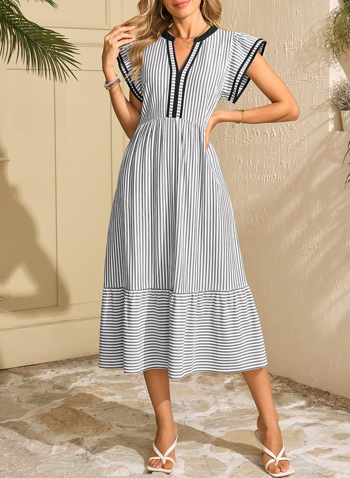 Dokotoo Summer Dresses for Women 2026 V-Neck Ruffle Cap Sleeve Empire Waist Dress Striped Flowy Midi Maxi Beach Dresses Black Dress with Pockets Medium