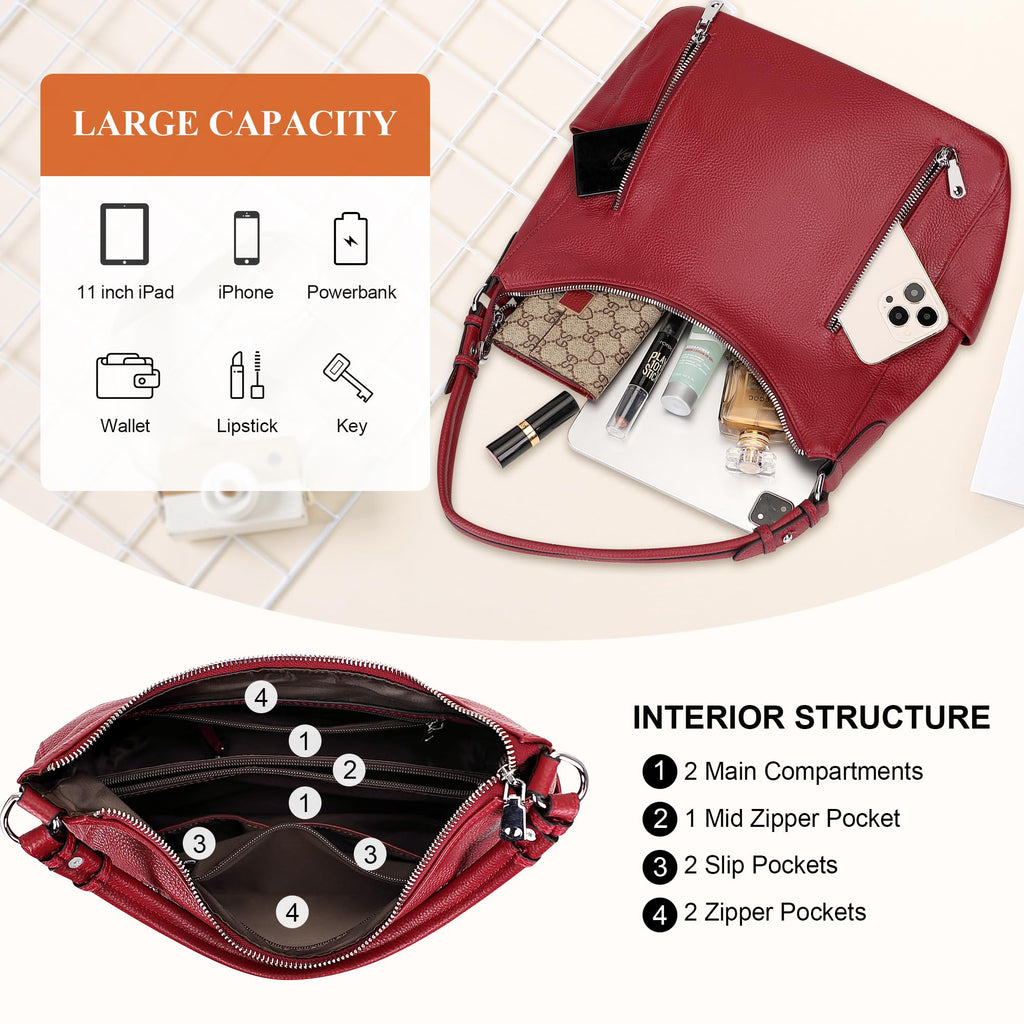 Over Earth Genuine Leather Purses for Women Medium Hobo Bag Lady Crossbody Handbags with 2 Detachable Straps(O150E UG Wine Red)