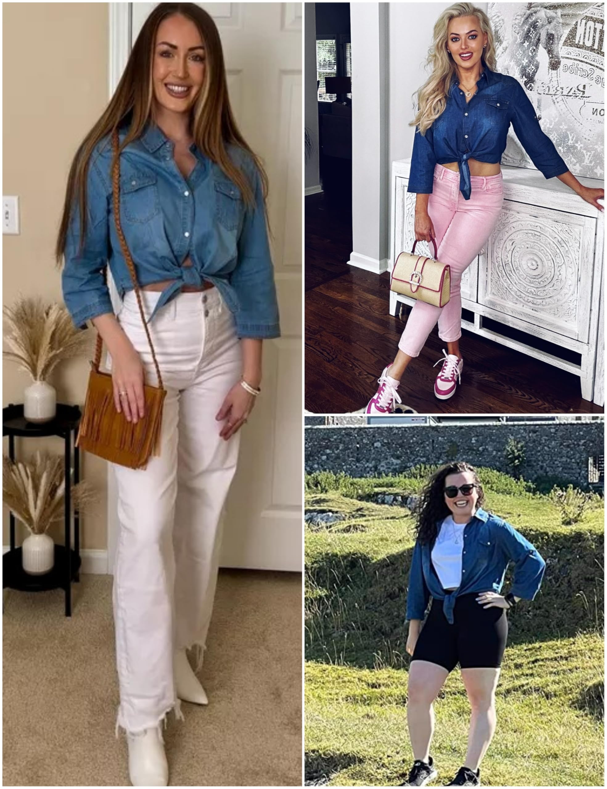 Omoone Women's 3/4 Sleeve Modern Denim Crop Top Tie Knot Shirt Cardigan (Dark Blue, XL)