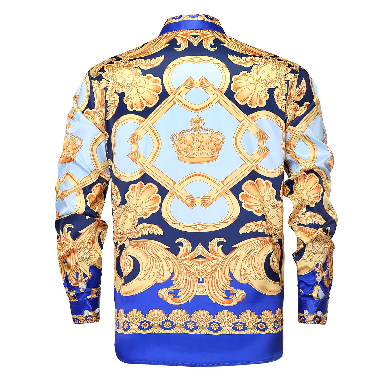 GSBOGOSSE Men Gold Fashion Luxury Printed Satin Long Sleeve Button-Down Shirts Flashy Retro Gorgeous Design Party Gift Shirt