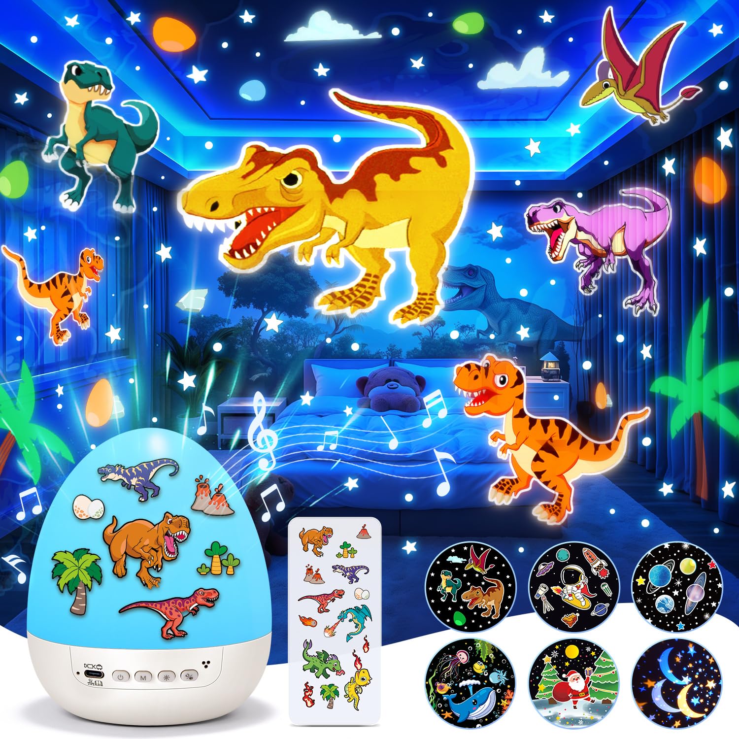 Dinosaur Toys for Kids 3-5 | 15 Sleeping Sounds+12HD Films+7 Colors+360°Rotating | Easter Dinosaur Egg Light Dinosaurs Primal Hatch Boy Toys for Boys Star Projector Sound Machine Egg Light for Nursery