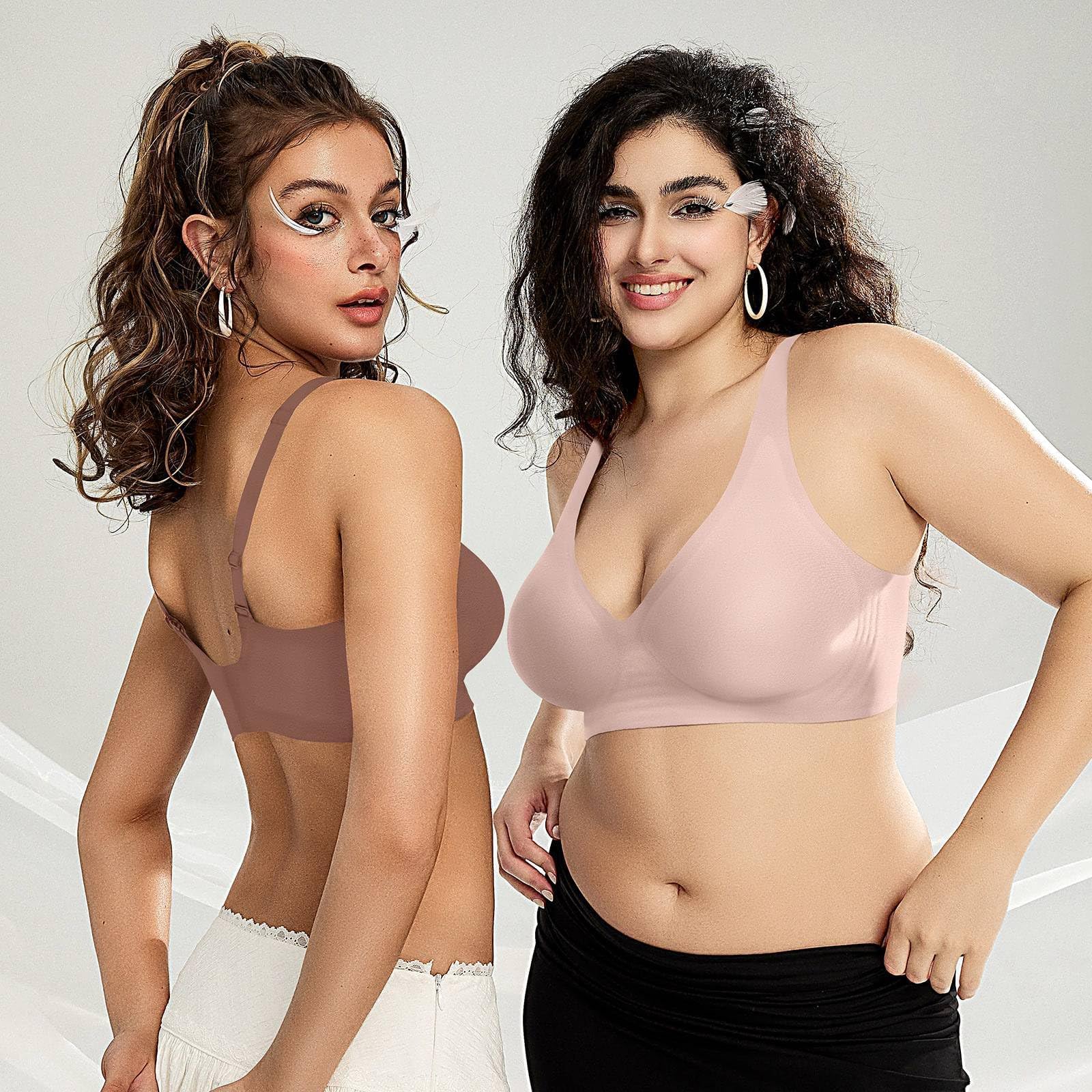 OEAK Womens Deep V Bras Wireless Comfortable Bra Supportive No Underwire Bras Tshirt Push Up Bralettes Plunge Seamless Bra Nude L