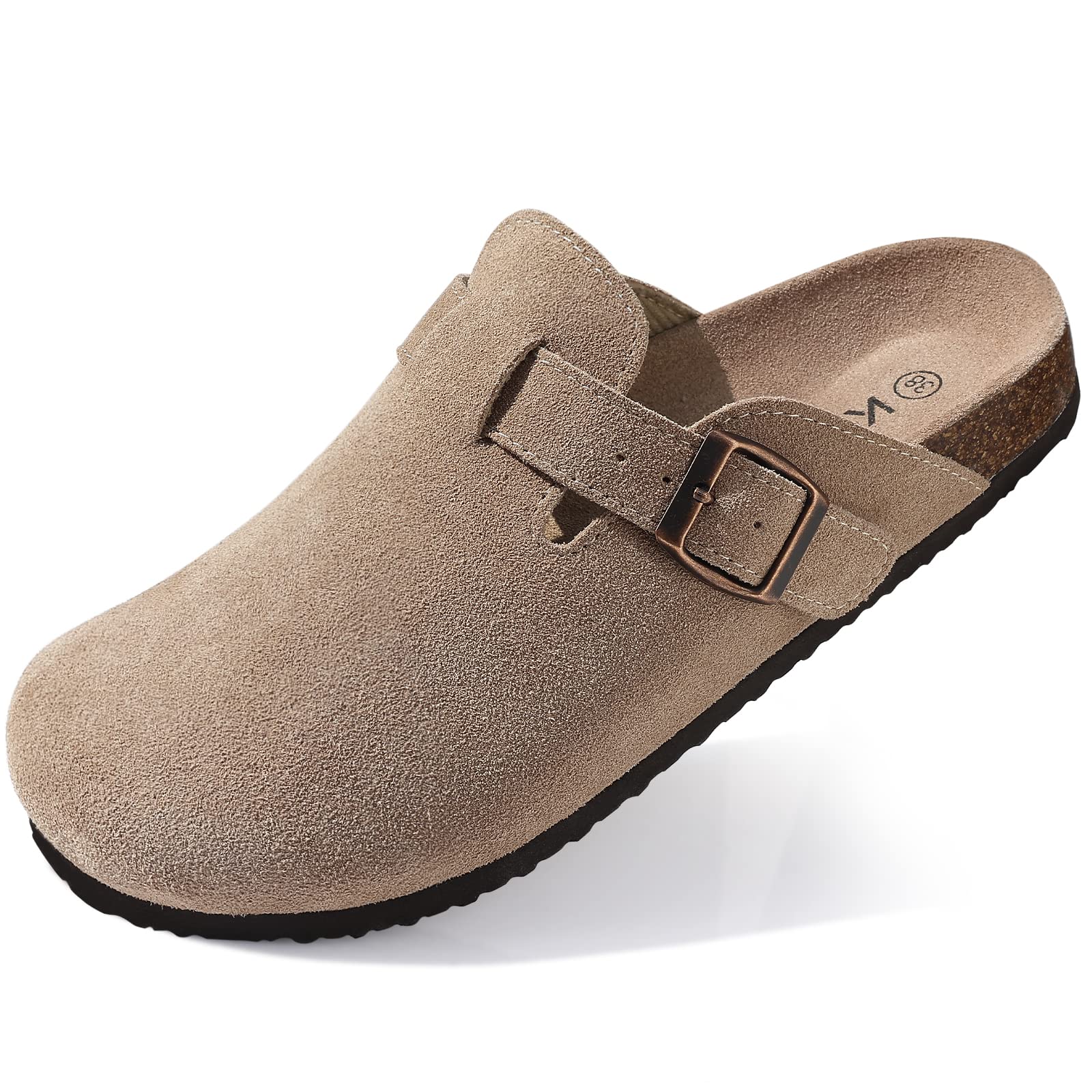 KIDMI Genuine Suede Clogs for Women Cork Footbed Sandals Leather Mules Potato Shoes with Arch Support Taupe 41 (Size 9-9.5)