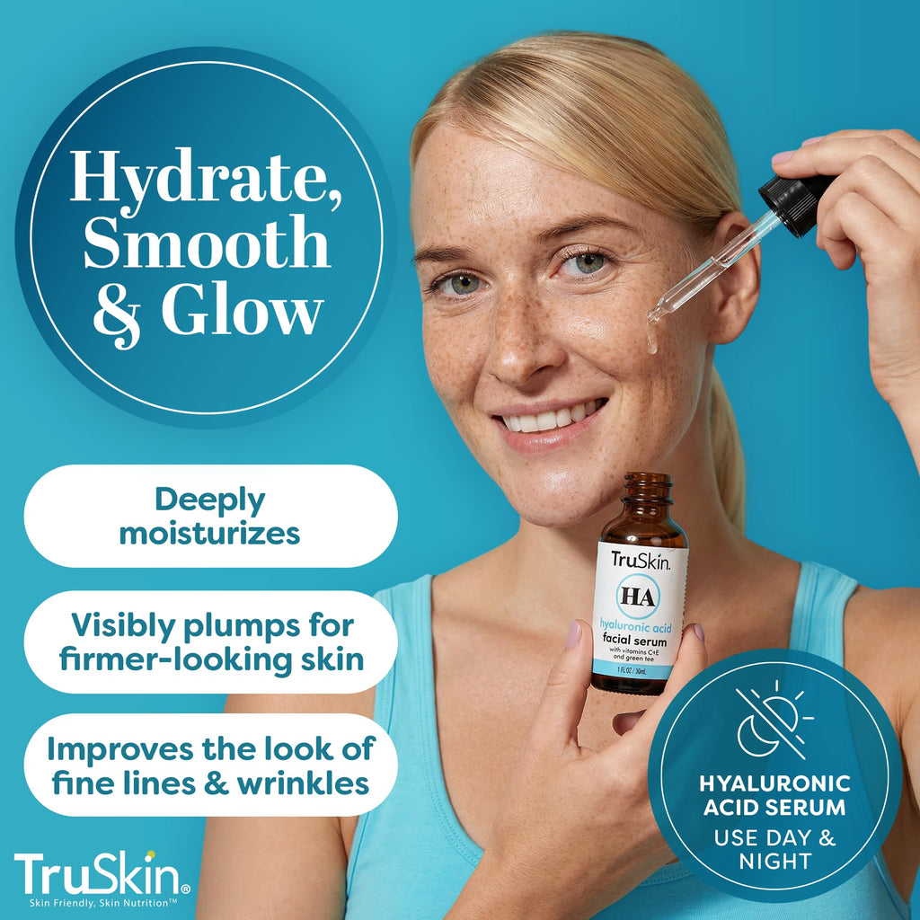 TruSkin Hyaluronic Acid Serum for Face – 7 Ultra-Hydrating Ingredients – Moisturizing & Plumping Facial Serum for Smooth, Healthy-Looking Skin, 1 Fl Oz