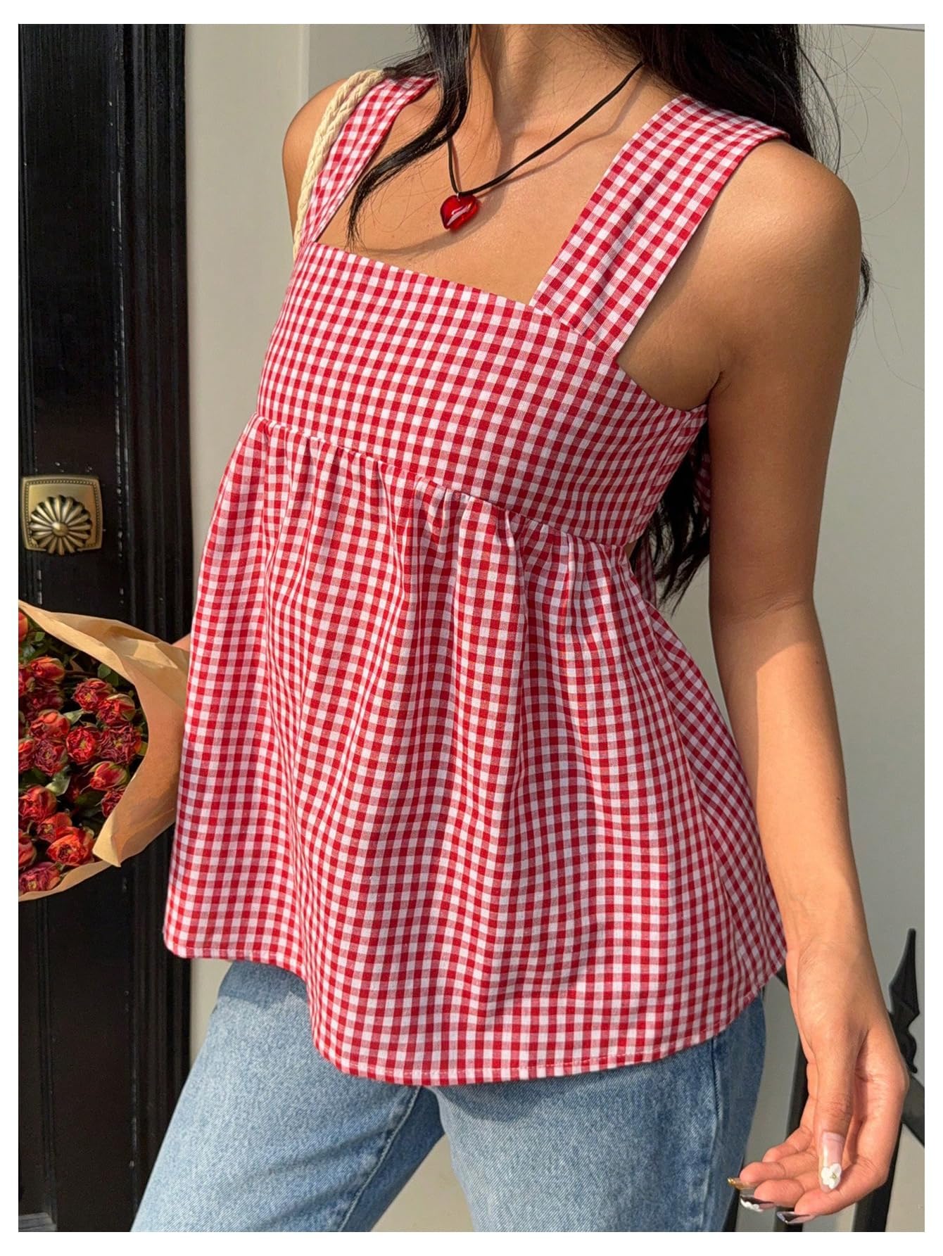 WDIRARA Women's Square Neck Tie Back Tank Top Plaid Peplum Babydoll Tops Red and White XX-Large