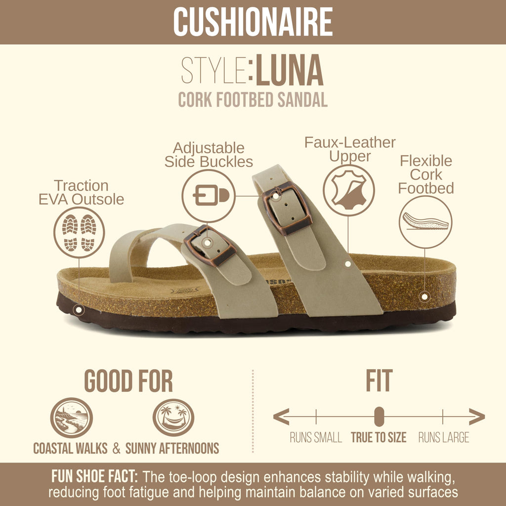CUSHIONAIRE Luna Sandals for Women, Cork Footbed Womens Sandals for Summer Comfort with Adjustable Straps, Wide Width Available, STONE 12W