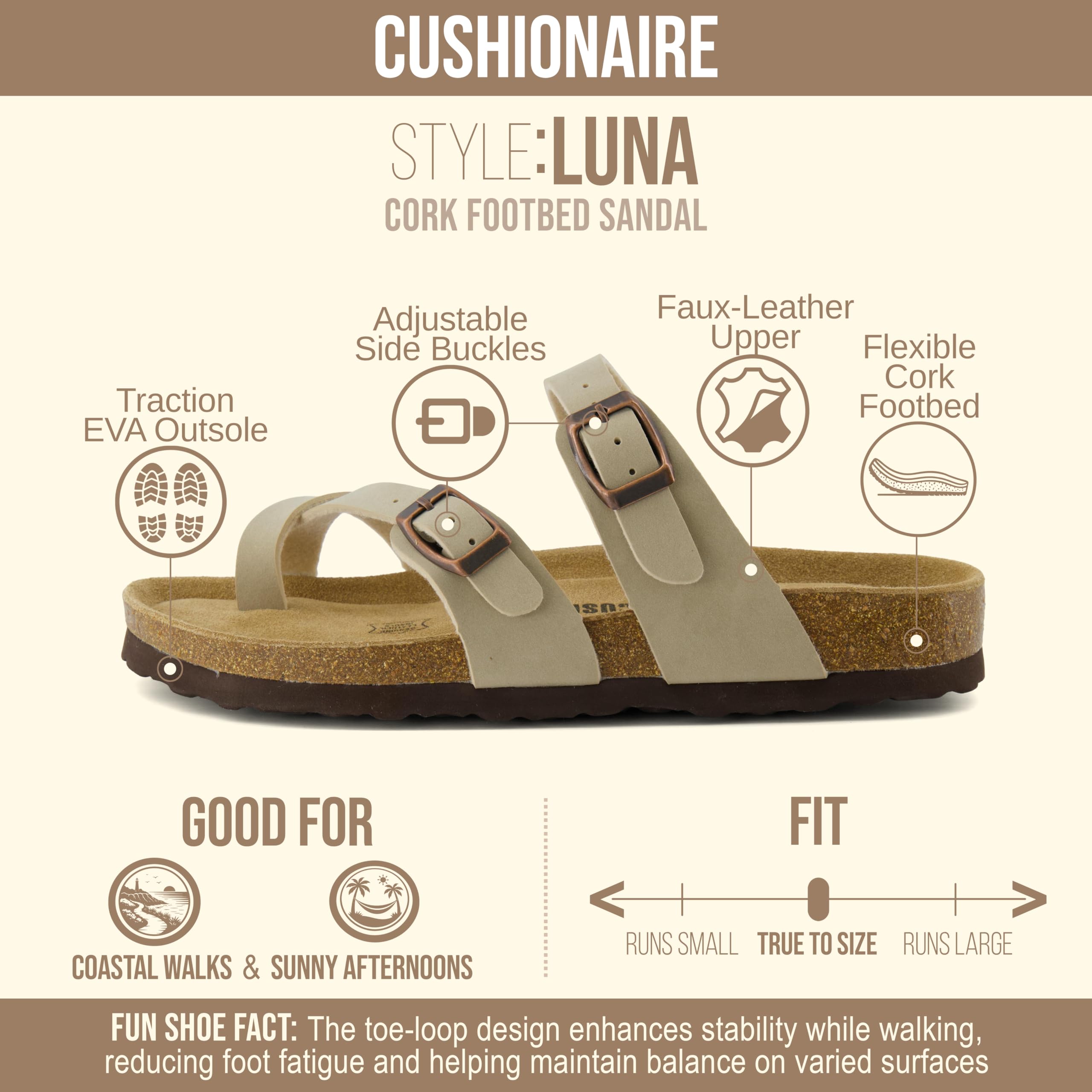 CUSHIONAIRE Luna Sandals for Women, Cork Footbed Womens Sandals for Summer Comfort with Adjustable Straps, Wide Width Available, STONE 12W