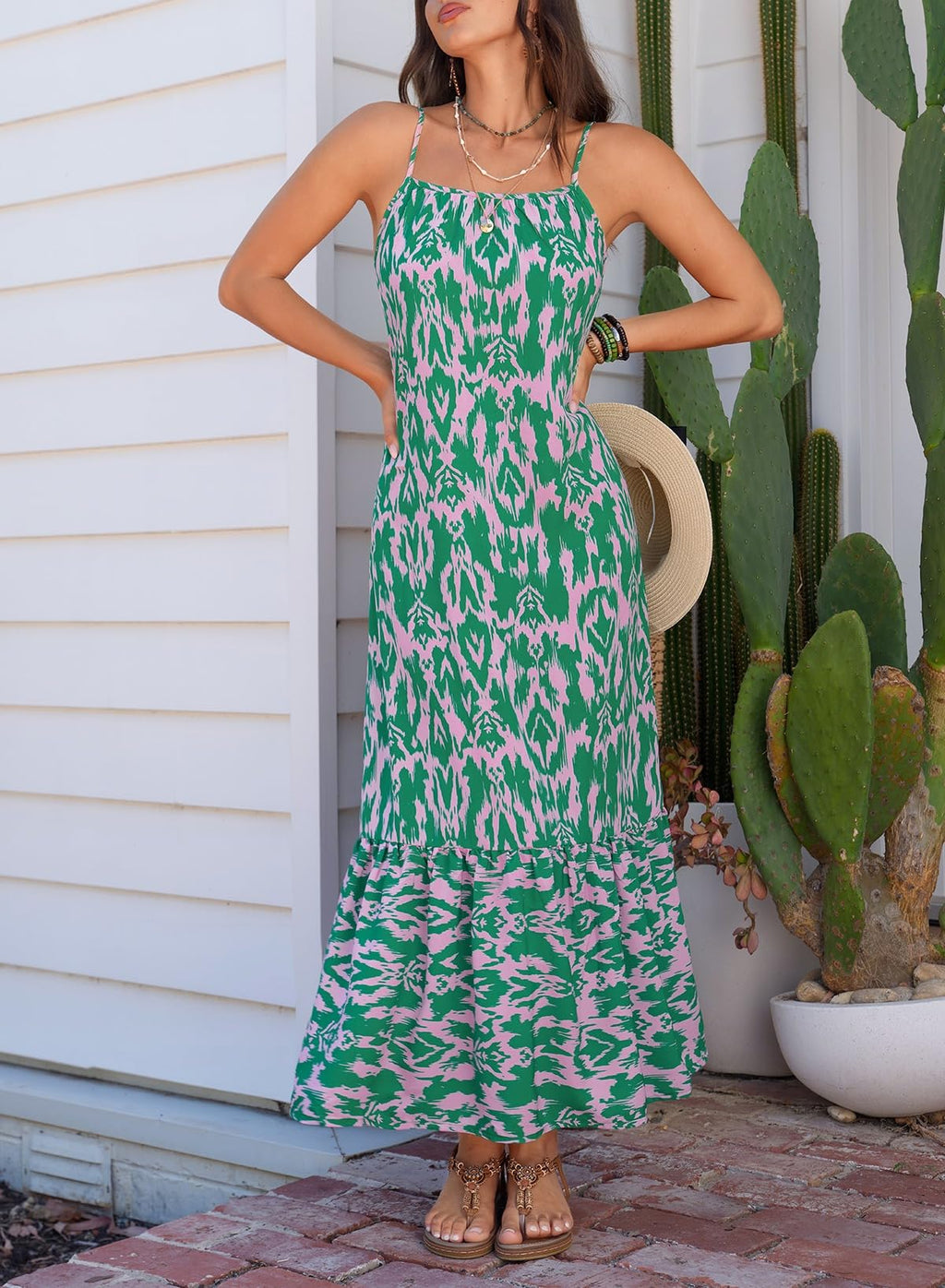 Dokotoo Beach Dresses for Women Summer Casual Maxi Dresses Scoop Neck Boho Beach Dress Sleeveless Spaghetti Strap Sexy Dress Ruffle A Line Flowy Dresses Medium Green