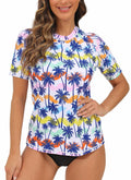 Halcurt Women's Short Sleeve Rash Guard Swimsuit Top with Built in Bra Swim Shirt UPF50+ Quick Dry Bathing Suit Multi Colored Palm L