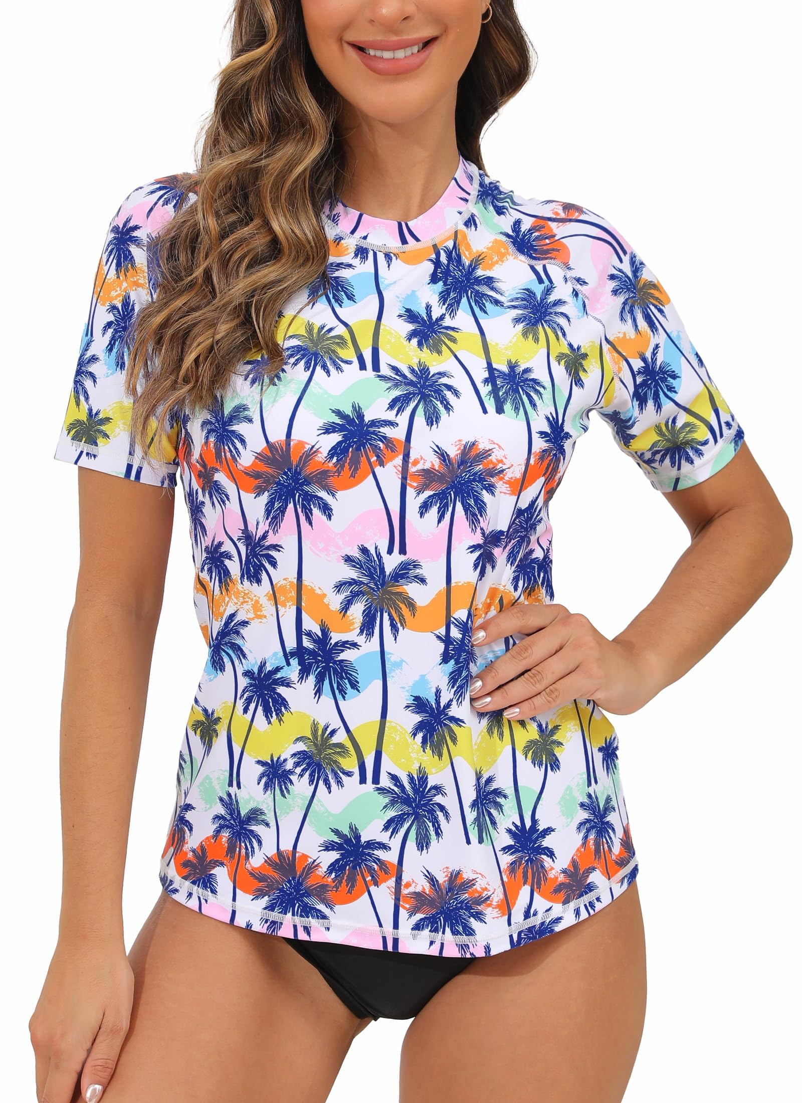 Halcurt Women's Short Sleeve Rash Guard Swimsuit Top with Built in Bra Swim Shirt UPF50+ Quick Dry Bathing Suit Multi Colored Palm L
