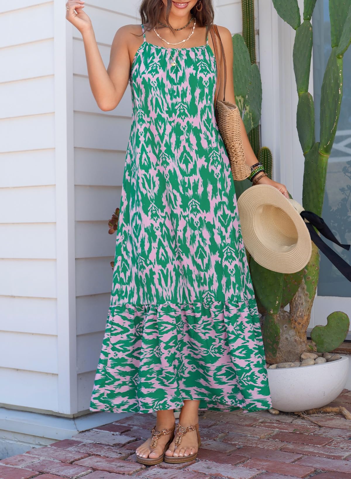Dokotoo Beach Dresses for Women Summer Casual Maxi Dresses Scoop Neck Boho Beach Dress Sleeveless Spaghetti Strap Sexy Dress Ruffle A Line Flowy Dresses Medium Green