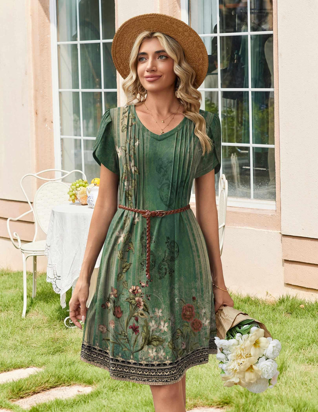 Zeagoo Floral Dresses for Women Casual Summer Dresses Fit and Flare Dress Loose Fit A Line Dress Boho Sundress, Green Floral 01