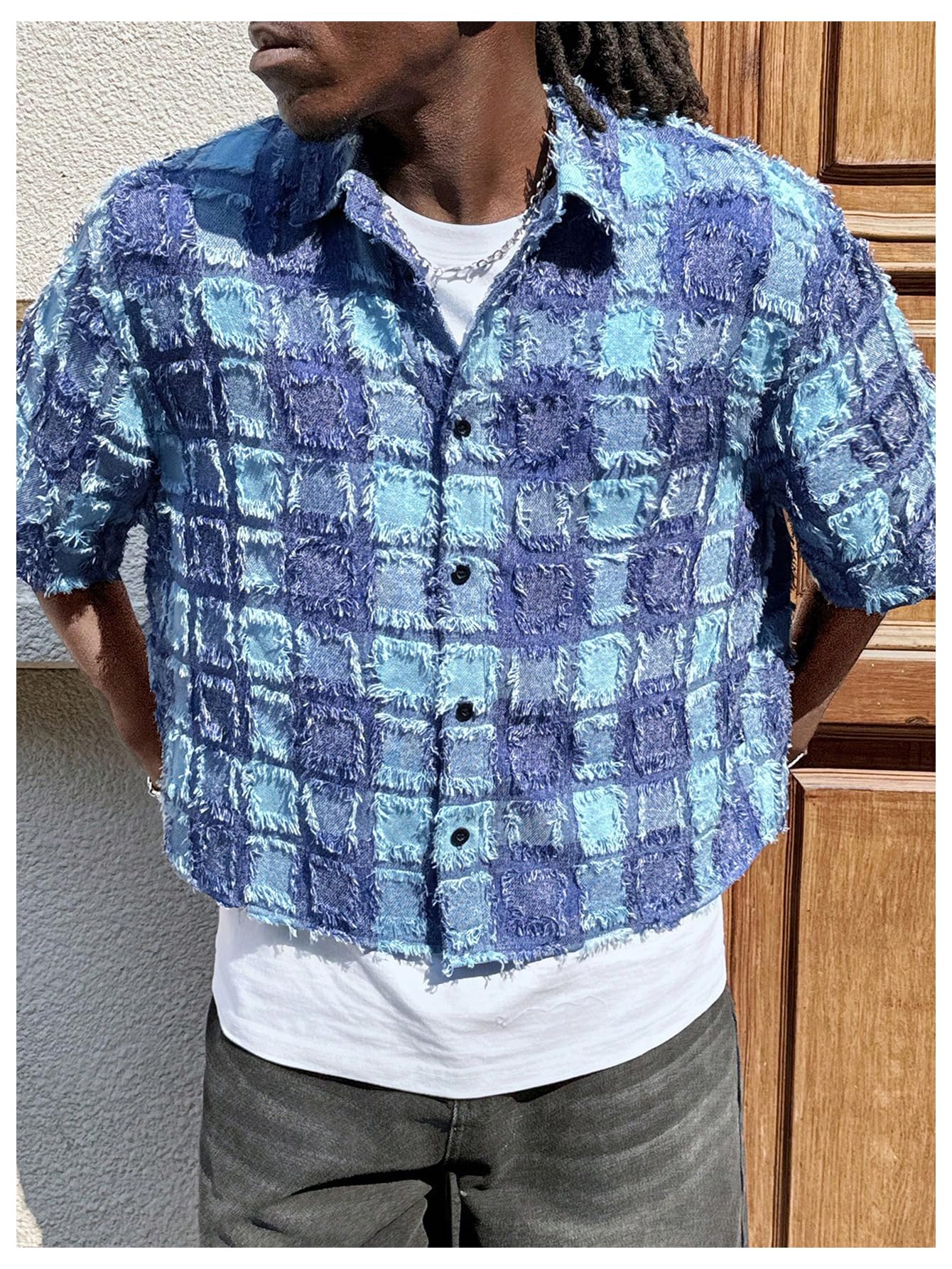 BEAUDRM Men's Cropped Button Down Shirt Y2k Gingham Short Sleeve Top Boxy Tee Shirts Summer Vocation Outfits Streetwear Blue Small