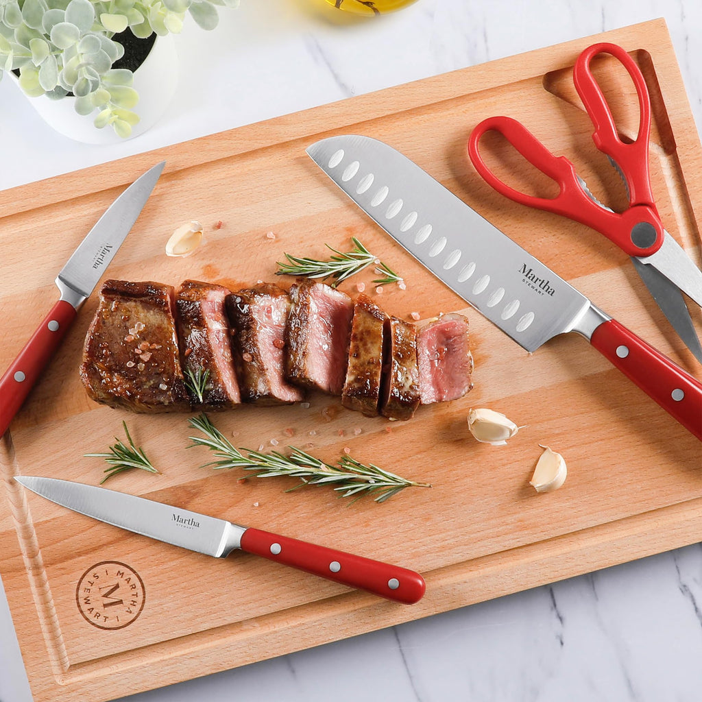 MARTHA STEWART Eastwalk 14 Piece High Carbon Staineless Steel Cutlery Knife Block Set w/ABS Triple Riveted Forged Handle Acacia Wood Block - Red