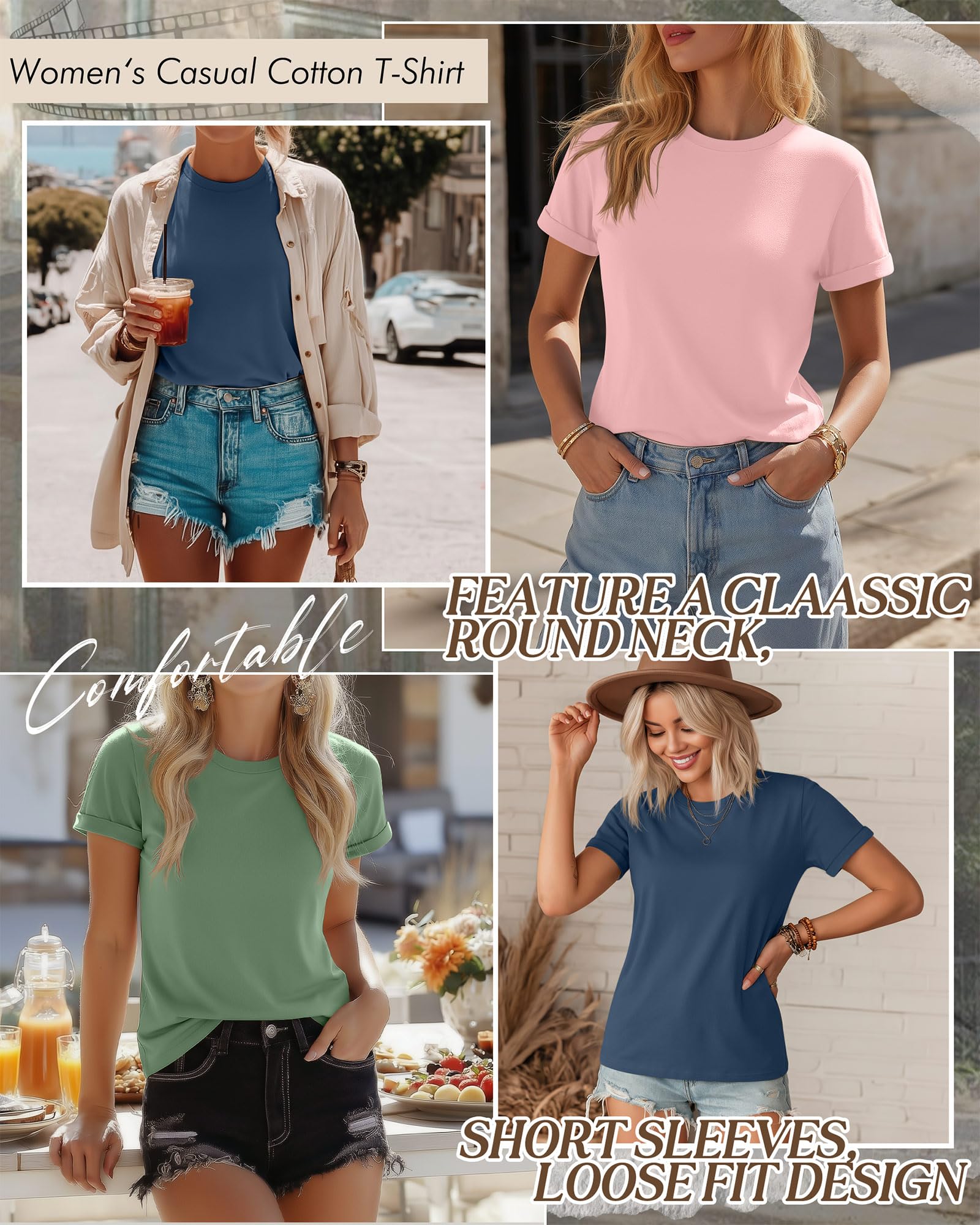 Huukeay 3 Pack Women's Cotton T Shirts Casual Short Sleeve Tunic Tops Crewneck Summer Plain Basic Loose Fit Tee(Haze Blue, Macaron Pink, Light Green,Medium)