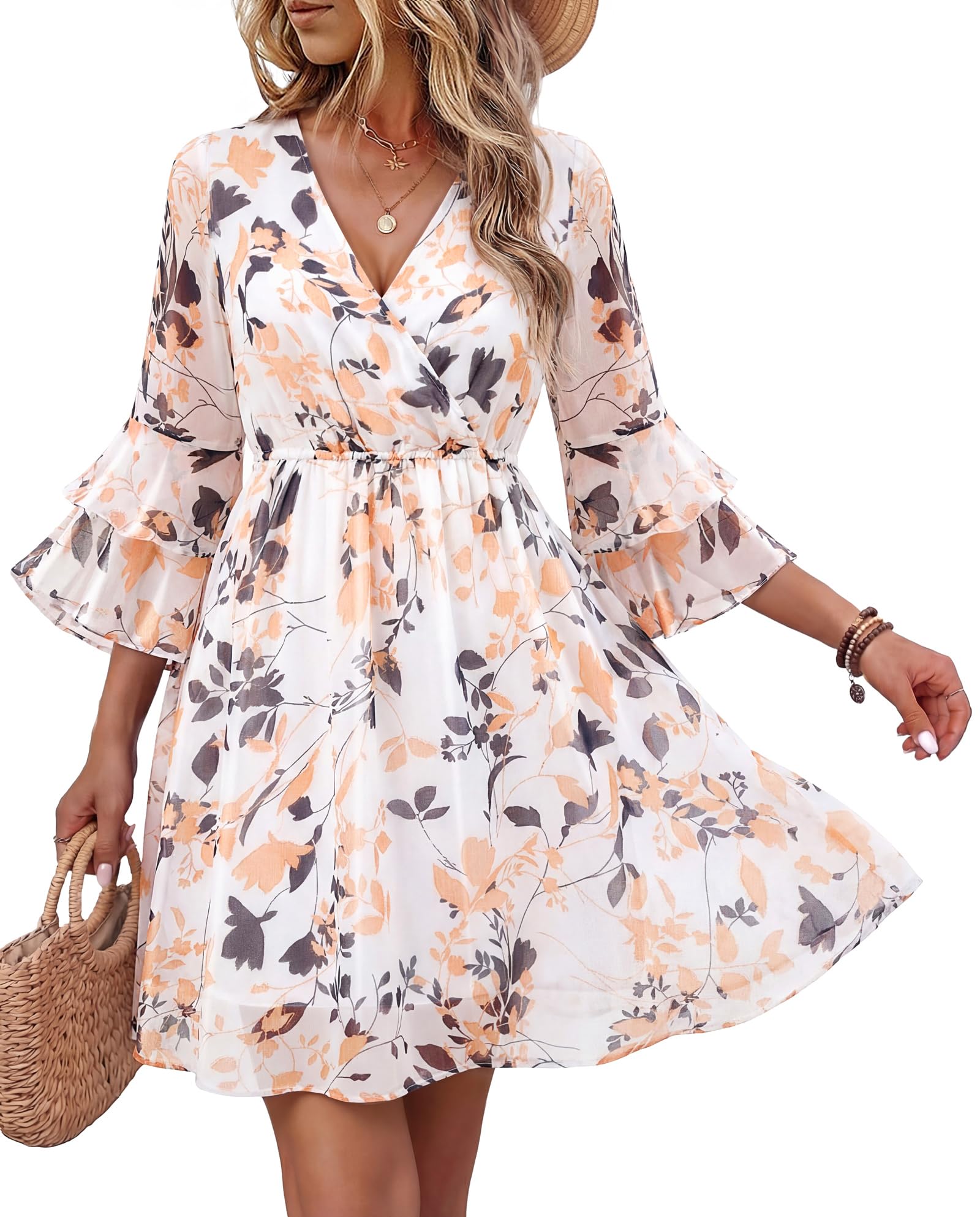Bebonnie Flattering Dresses for Curvy Women: Bridal Shower Guest Wrap Neck A Line Summer Beach Vacation Cruise Wedding Graduation Dress Cocktail Brunch Date Night Party Boho Dresses Multi White 2XL