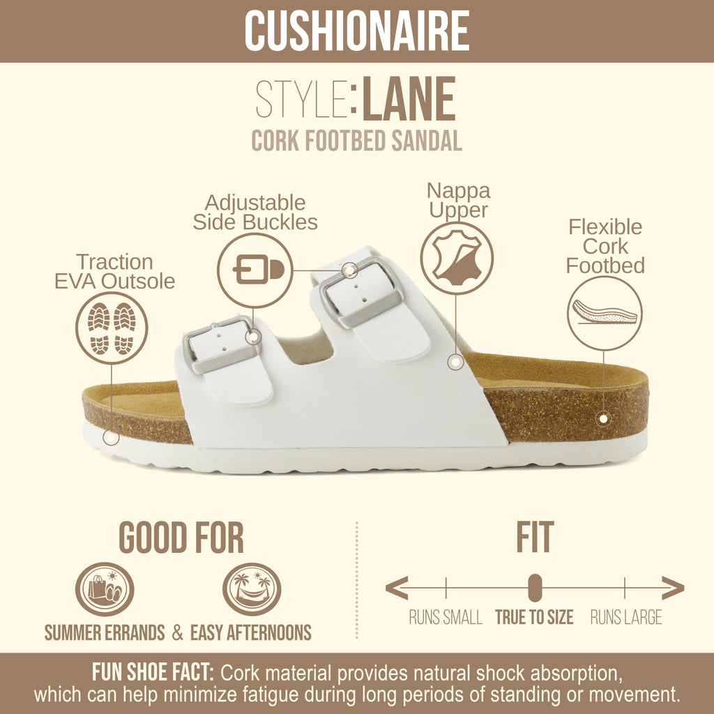 CUSHIONAIRE Lane Cork Footbed Womens Sandals Comfortable Double Buckle Slip On Sandals for Women with Arch Support and Classic Two Strap Design, WHITE 8W