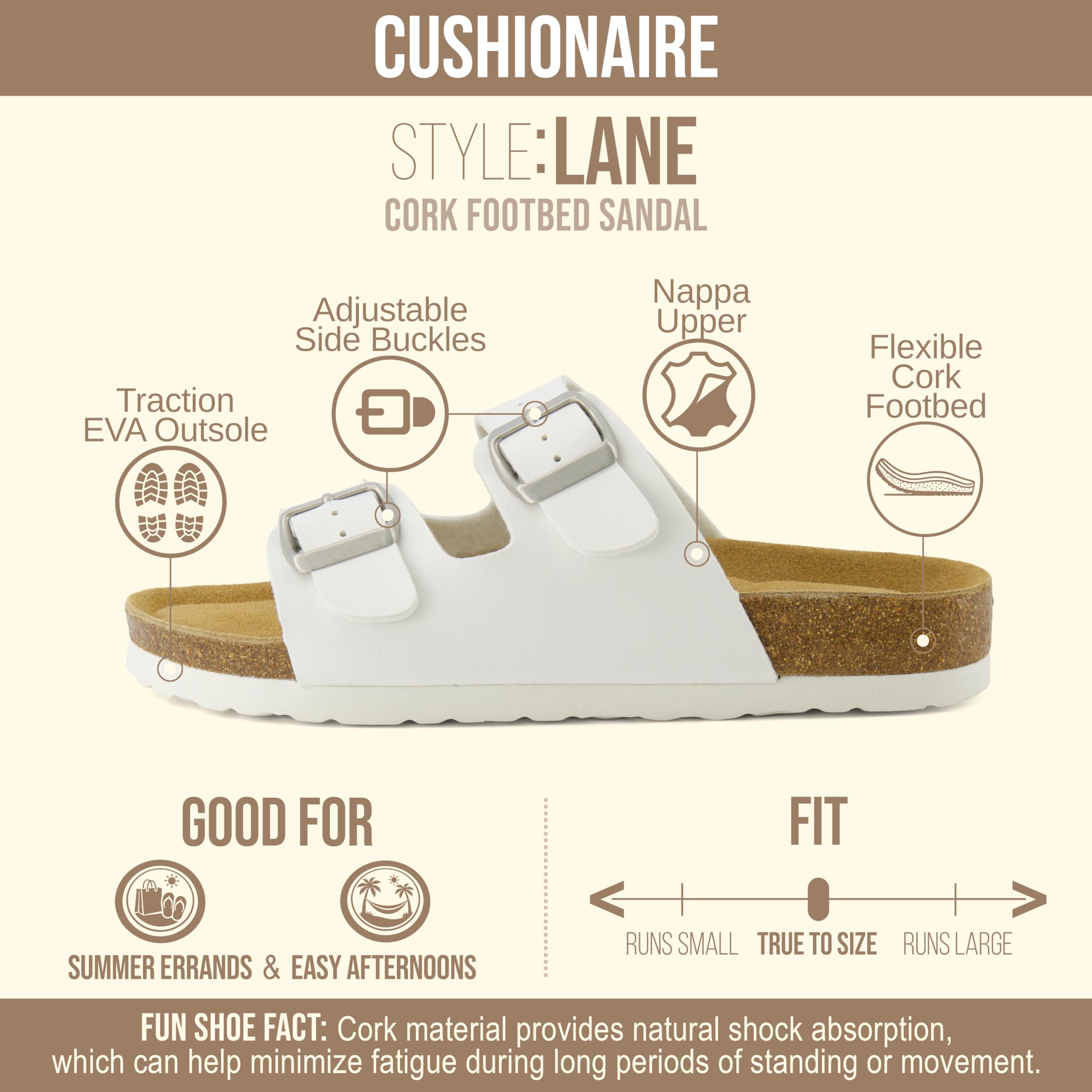 CUSHIONAIRE Lane Cork Footbed Womens Sandals Comfortable Double Buckle Slip On Sandals for Women with Arch Support and Classic Two Strap Design, WHITE 8W