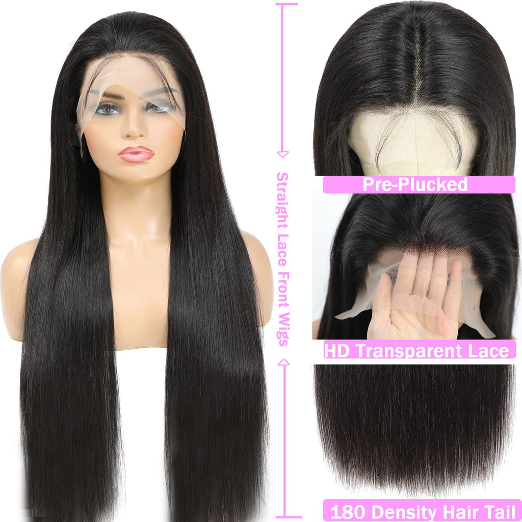 TTSMINS 13x6 Lace Front Wigs Human Hair Pre Plucked 180 Density 24 Inch Straight Lace Front Wigs HD Lace Frontal Wigs for Women Natural Black with Baby Hair Glueless Wigs