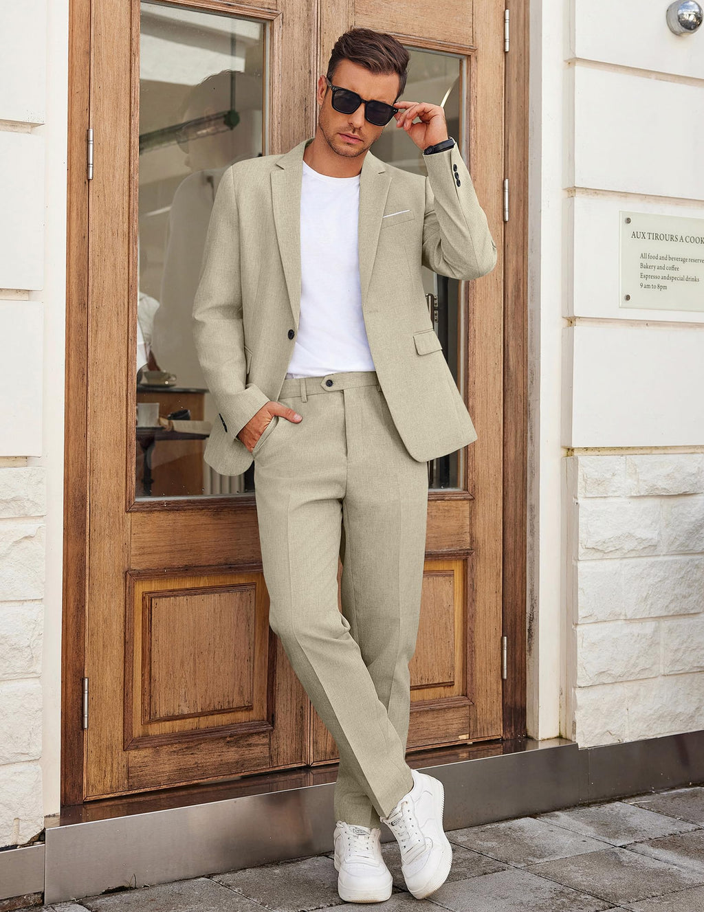 COOFANDY Mens Casual Suits 2 Piece Set One Button Dress Suits for Graduation Wedding Business, Light Khaki, Medium