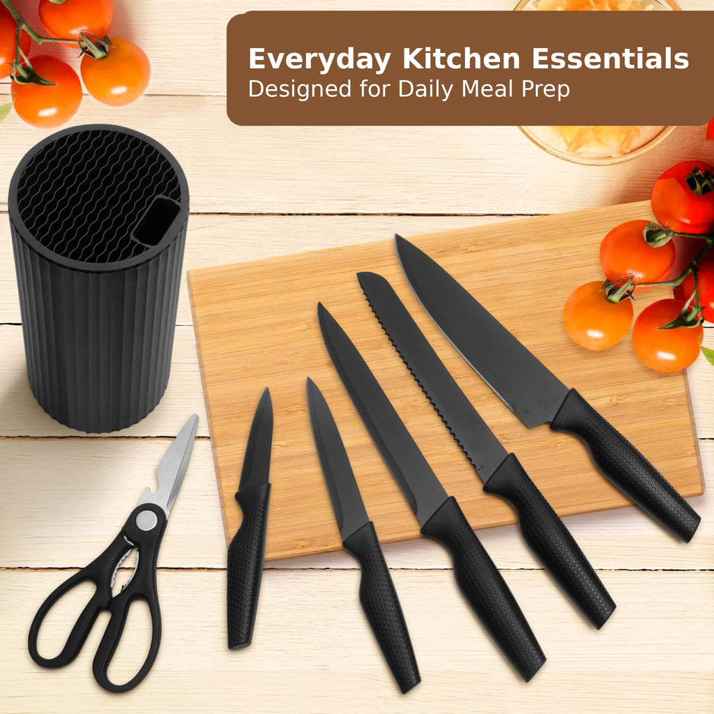 Small Knife Block Set, Modern Kitchen Knife Scissors with Universal Round Holder, Home Apartment New Kitchen Essentials, Space Saving, Dishwasher Safe(Black, 7PCS)