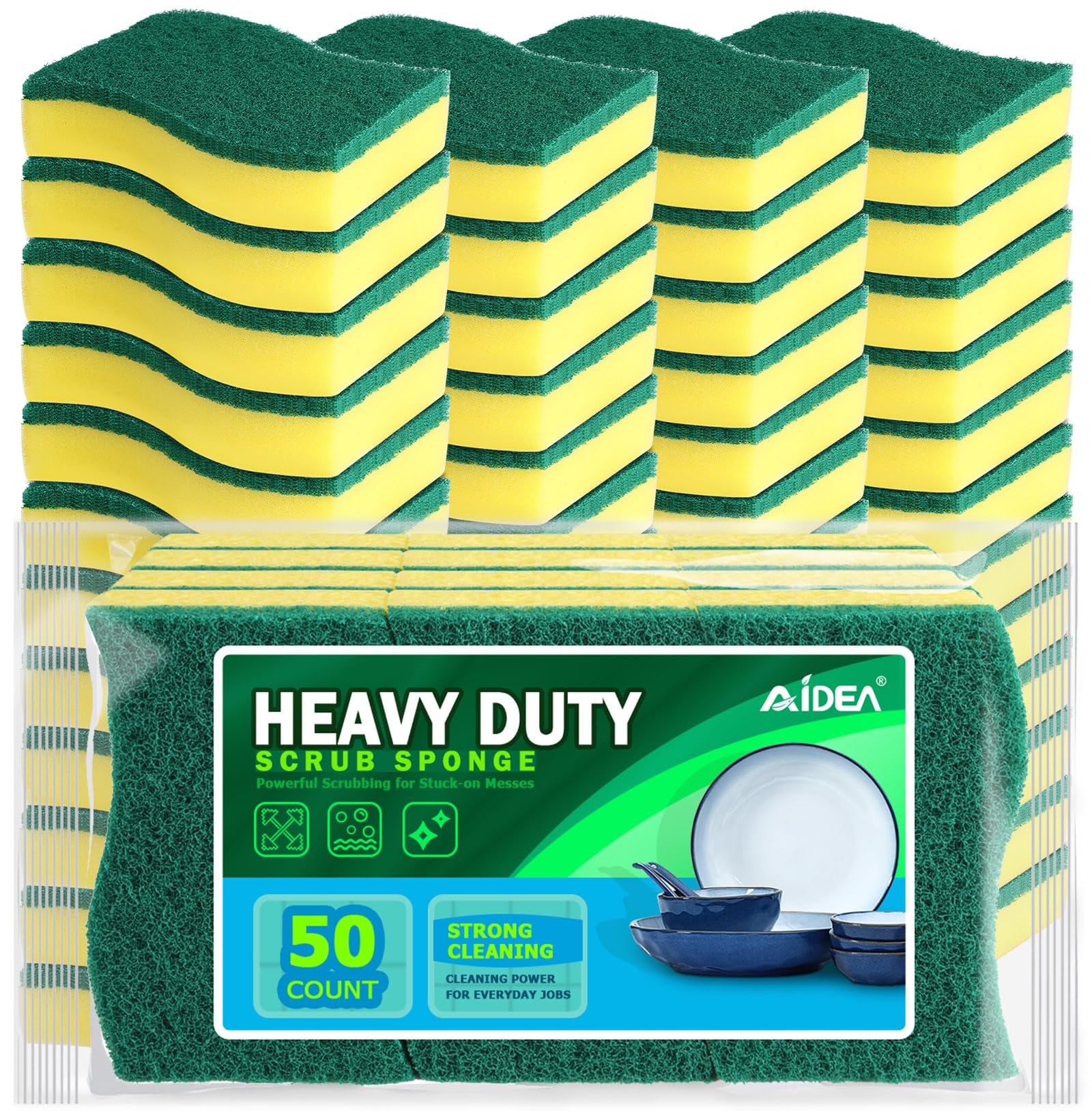 AIDEA Sponges Kitchen, 50 Pack Heavy Duty Dish Sponge, Cleaning Dish Scrubber for Home and Kitchen, Stink-Free Cleaning Supplies for Pots, Pans